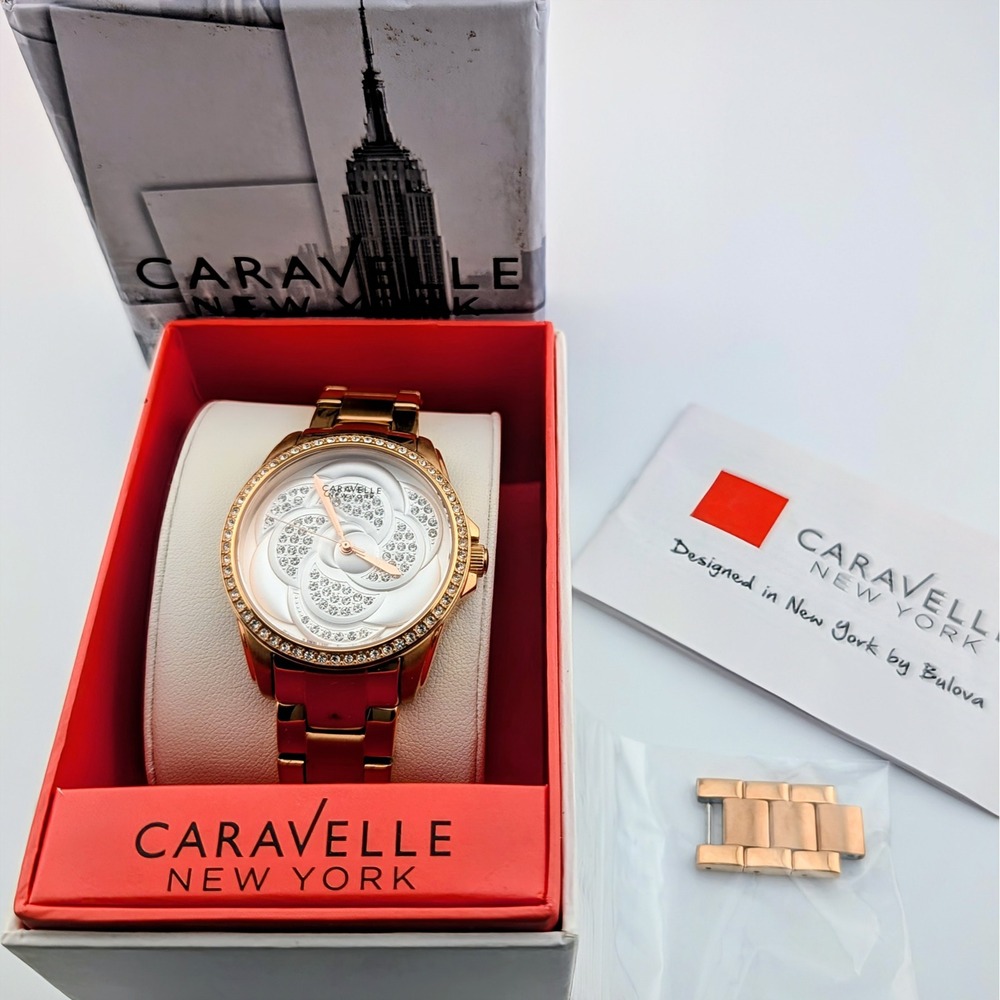 Caravelle by Bulova 44L233 Rose Gold Crystal Floral Women's Watch 36mm Box Links
